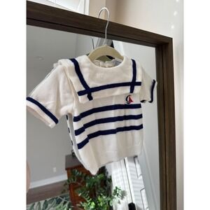 Vintage Sailor Nautical Knit Baby Top Striped Boat Infant Sweater 12M Beige Navy